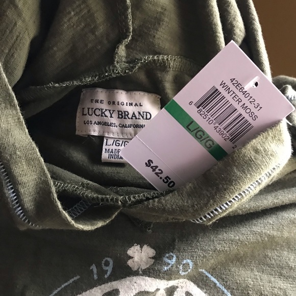 Lucky Brand long sleeve T hoodie olive green with skull guitar screen print - Picture 5 of 6